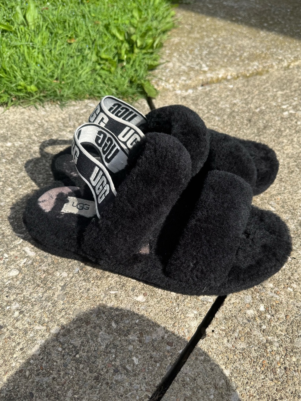 UGG Black Plush Double-Band Slide Sandals